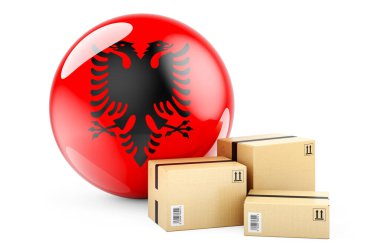 İçinde Arnavut bayrağı olan paketler. Arnavutluk 'ta sevkiyat ve teslimat, konsept. Beyaz arka gruplandırmada 3B görüntüleme