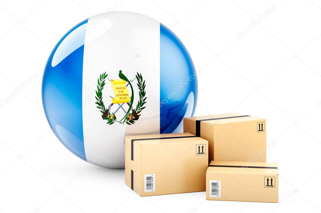 Parcels with Guatemalan flag. Shipping and delivery in Guatemala, concept. 3D rendering isolated on white background