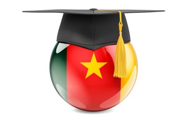 Kamerun konsepti eğitimi. Mezuniyet şapkalı Kamerun bayrağı, beyaz arkaplanda 3 boyutlu görüntüleme