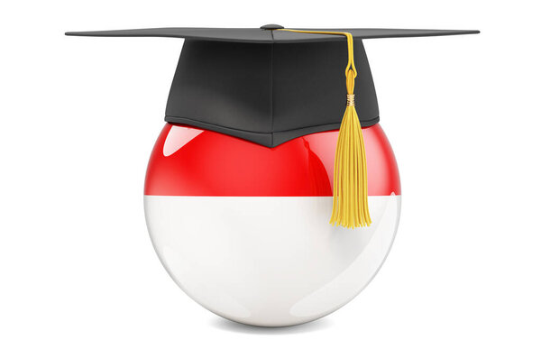 Образование в Индонезии. Индонезийский флаг с выпускной крышкой, 3D рендеринг изолирован на белом фоне
