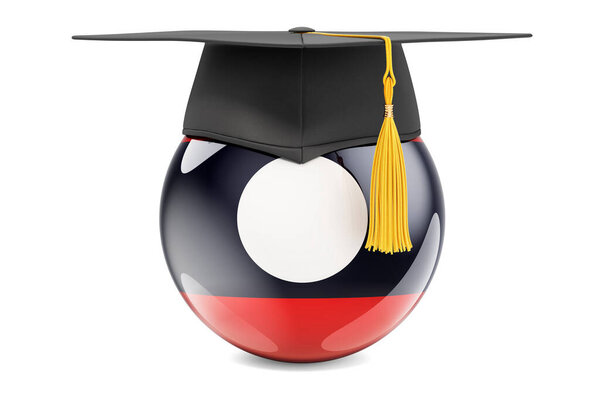Образование в Лаосе. Лаосский флаг с выпускной крышкой, 3D рендеринг изолирован на белом фоне