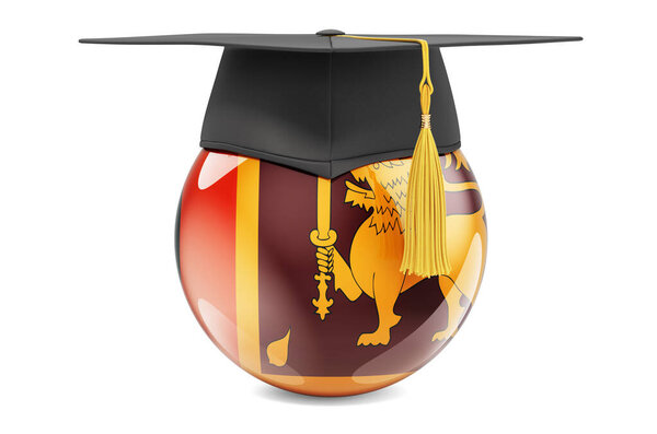Образование в Шри-Ланке. Флаг Шри-Ланки с выпускной крышкой, 3D рендеринг изолирован на белом фоне