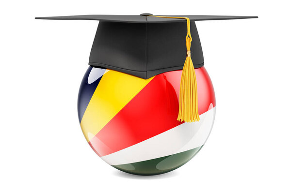 Образование на Сейшельских островах. Флаг Seyloise с выпускным колпаком, 3D-рендеринг изолирован на белом фоне