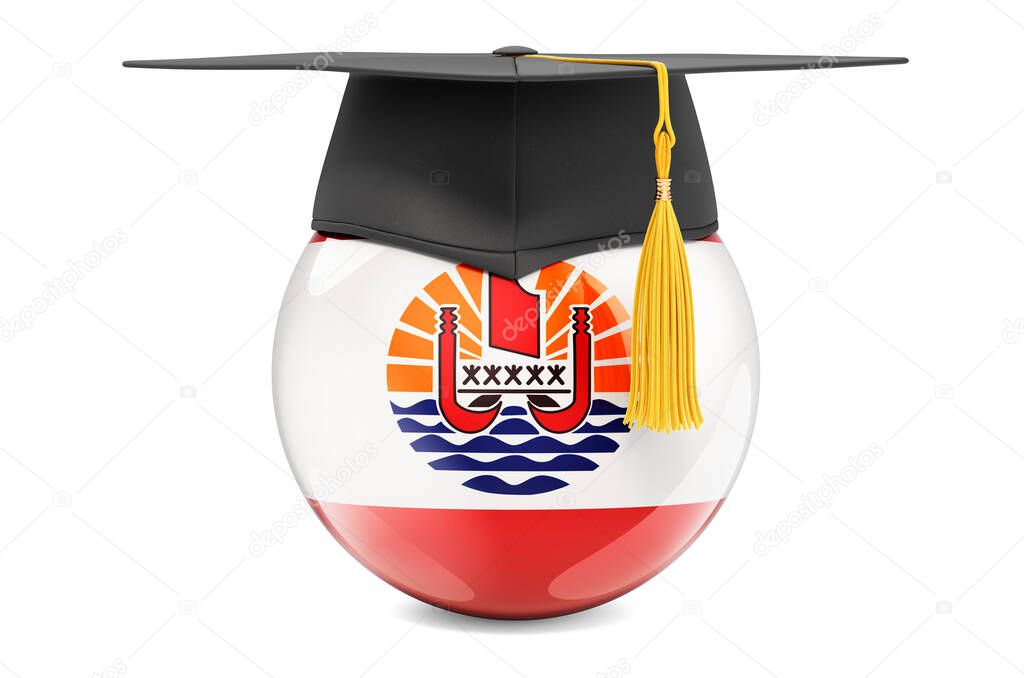 Education in French Polynesia concept. French Polynesian flag with graduation cap, 3D rendering isolated on white background