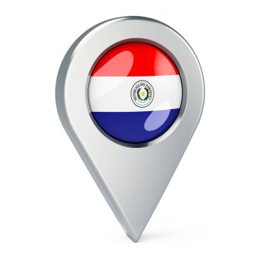 Paraguay bayrağı ile harita işaretleyicisi, beyaz arkaplanda 3 boyutlu görüntüleme