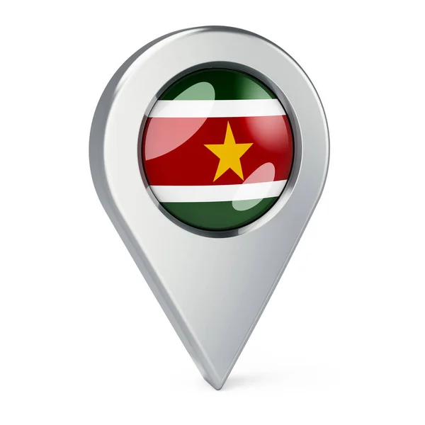 带有苏里南国旗的地图指针 在白色背景上孤立的3D渲染 — 图库照片
