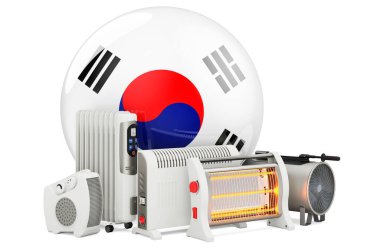 Isıtma cihazlı Güney Kore bayrağı. Güney Kore 'de taşımacılık, vantilatör, petrol ve kızılötesi ısıtıcılar üretimi, ticareti ve hizmeti. Beyaz arkaplanda 3B görüntüleme izole edildi