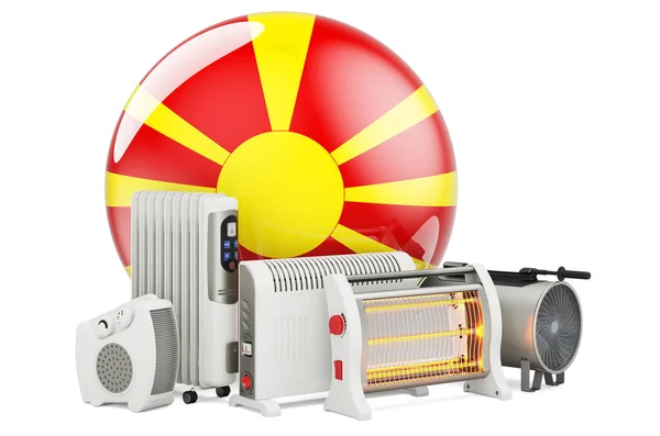 Makedonská Vlajka Topnými Zařízeními Výroba Konvekce Ventilátorů Olejových Infračervených Ohřívačů — Stock fotografie
