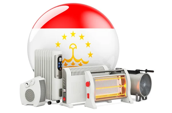 Tádžická Vlajka Topnými Zařízeními Výroba Obchod Servis Konvekce Ventilátorů Olejových — Stock fotografie