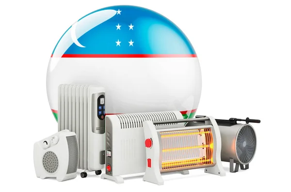 Uzbecká Vlajka Topnými Zařízeními Výroba Obchod Servis Konvekce Ventilátorů Nafty — Stock fotografie