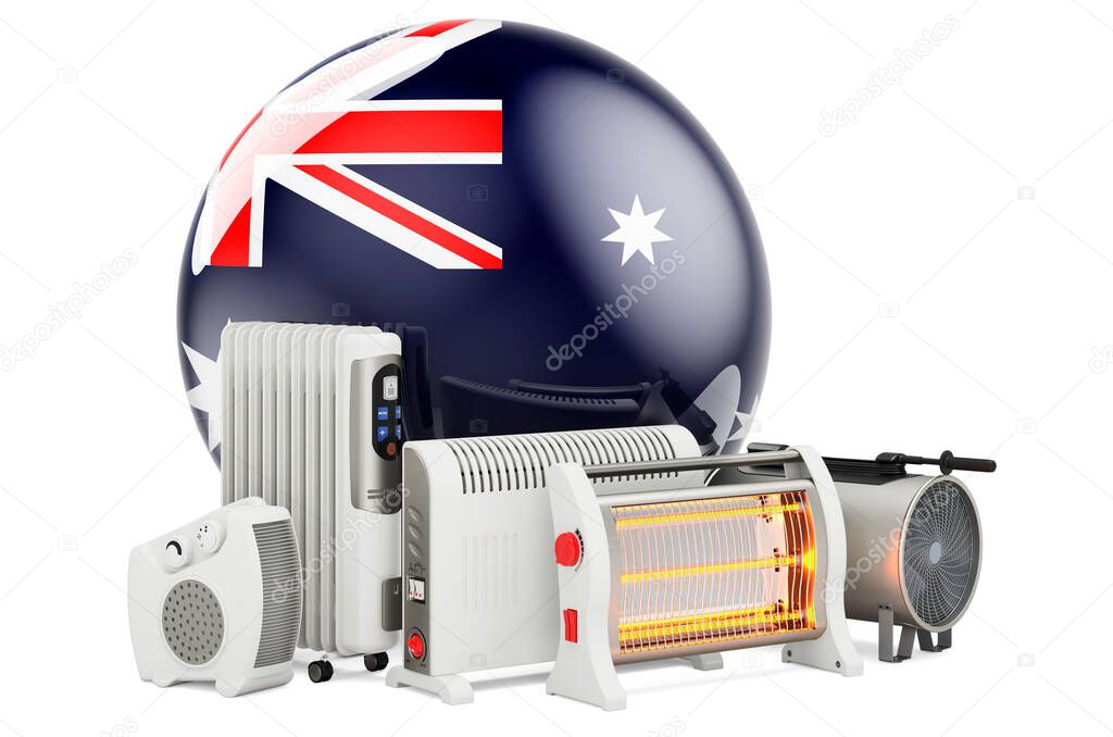 Australian flag with heating devices. Manufacturing, trading and service of convection, fan, oil-filled, and infrared heaters in Australia. 3D rendering isolated on white background