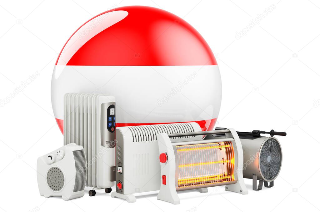 Austrian flag with heating devices. Manufacturing, trading and service of convection, fan, oil-filled, and infrared heaters in Austria. 3D rendering isolated on white background