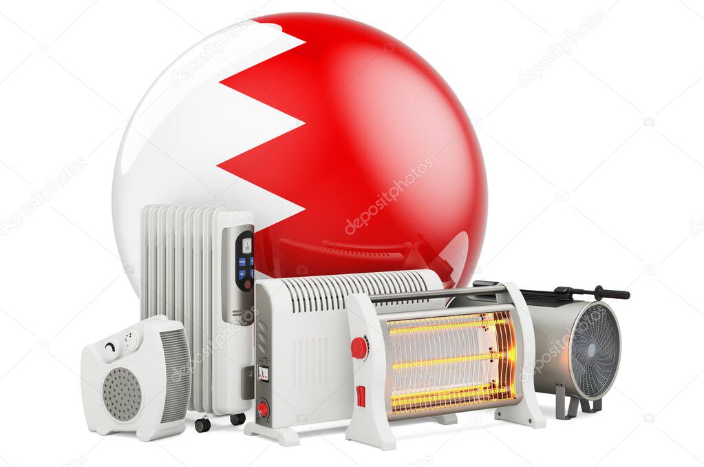 Bahraini flag with heating devices. Manufacturing, trading and service of convection, fan, oil-filled, and infrared heaters in Bahrain. 3D rendering isolated on white background