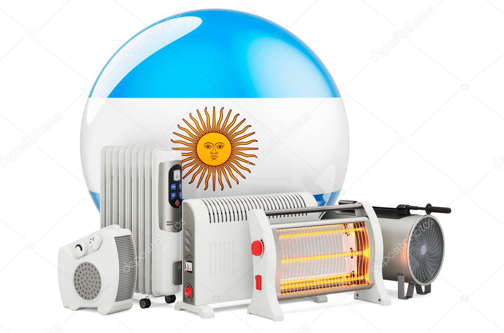 Argentinean flag with heating devices. Manufacturing, trading and service of convection, fan, oil-filled, and infrared heaters in Argentina. 3D rendering isolated on white background