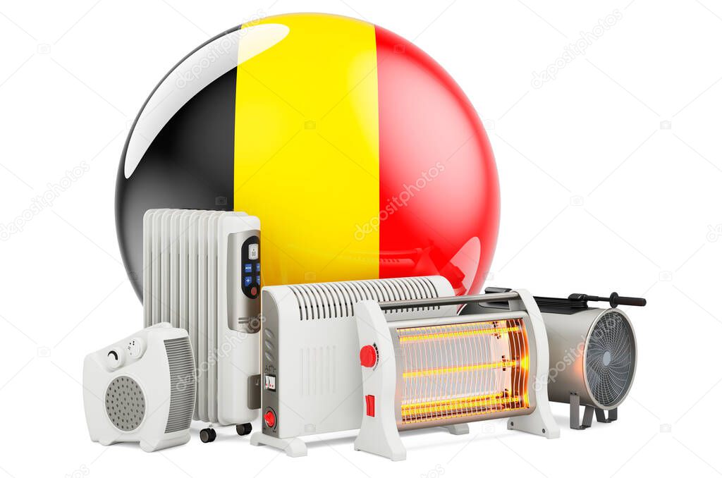 Belgian flag with heating devices. Manufacturing, trading and service of convection, fan, oil-filled, and infrared heaters in Belgium. 3D rendering isolated on white background