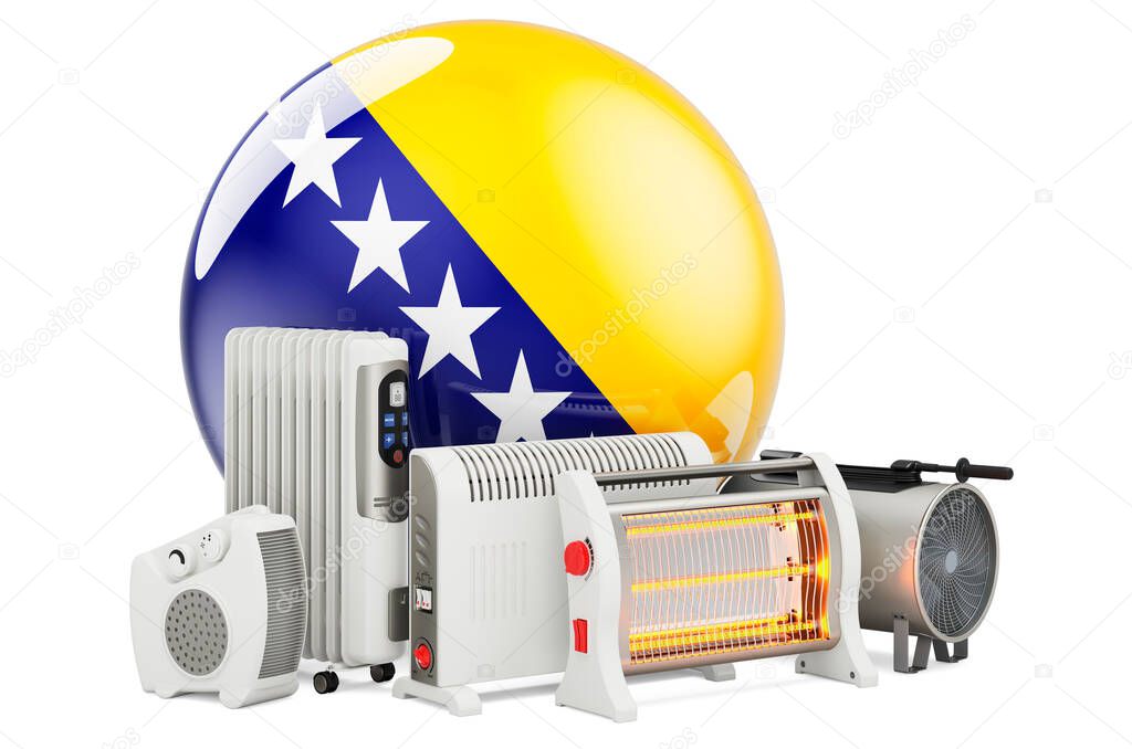 Bosnian flag with heating devices. Manufacturing, trading and service of convection, fan, oil-filled, and infrared heaters in Bosnia and Herzegovina. 3D rendering isolated on white background