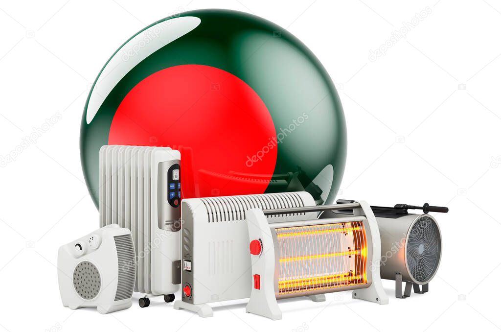 Bangladeshi flag with heating devices. Manufacturing, trading and service of convection, fan, oil-filled, and infrared heaters in Bangladesh. 3D rendering isolated on white background
