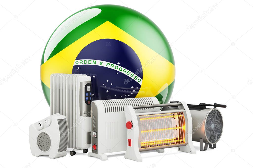 Brazilian flag with heating devices. Manufacturing, trading and service of convection, fan, oil-filled, and infrared heaters in Brazil. 3D rendering isolated on white background