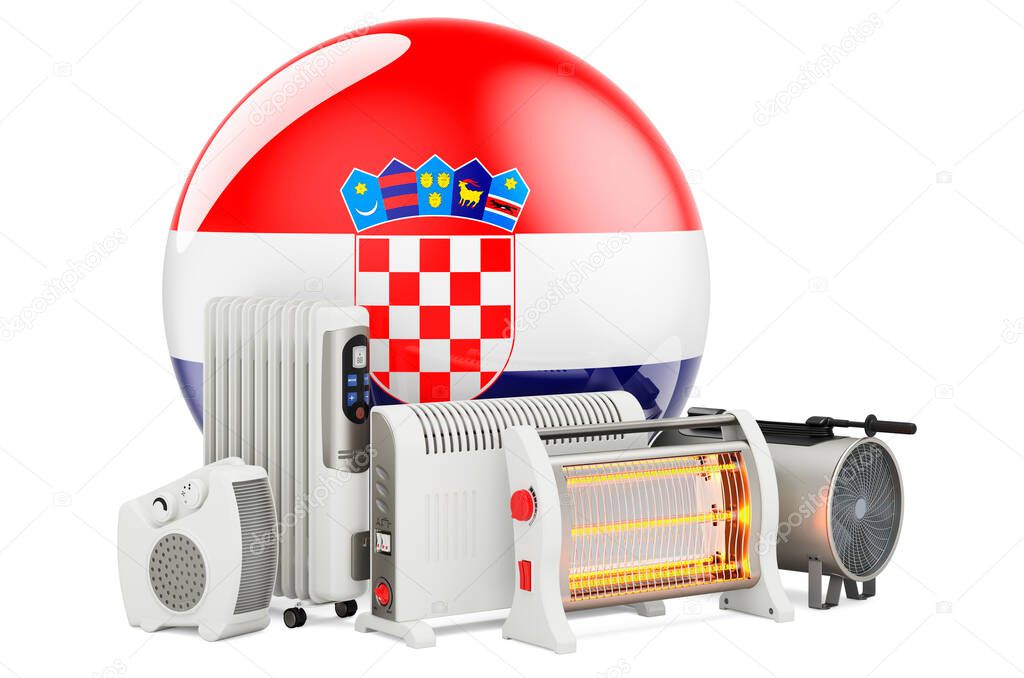 Croatian flag with heating devices. Manufacturing, trading and service of convection, fan, oil-filled, and infrared heaters in Croatia. 3D rendering isolated on white background