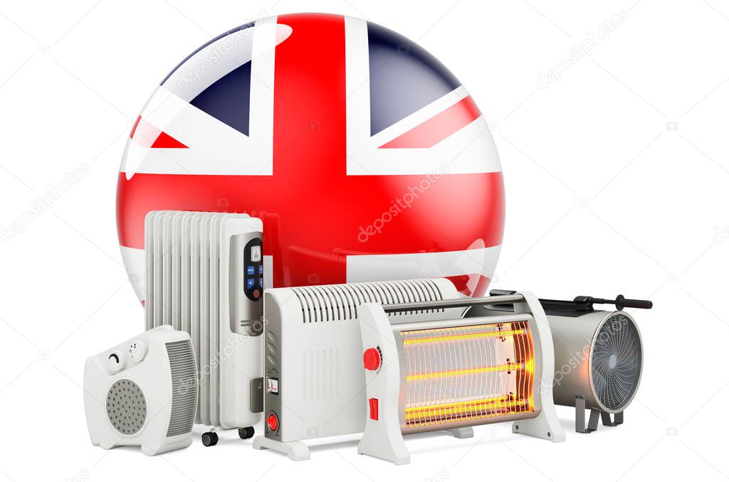 British flag with heating devices. Manufacturing, trading and service of convection, fan, oil-filled, and infrared heaters in The Great Britain. 3D rendering isolated on white background