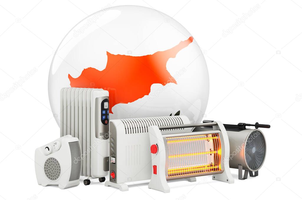 Cypriot flag with heating devices. Manufacturing, trading and service of convection, fan, oil-filled, and infrared heaters in Cyprus. 3D rendering isolated on white background
