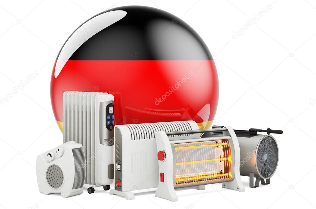 German flag with heating devices. Manufacturing, trading and service of convection, fan, oil-filled, and infrared heaters in Germany. 3D rendering isolated on white background