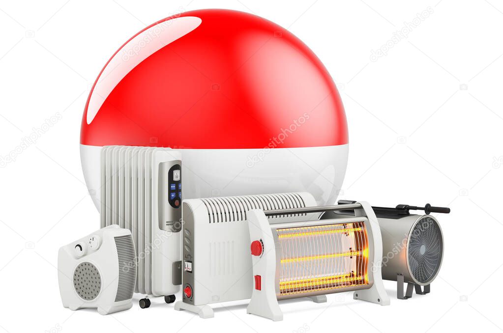 Indonesian flag with heating devices. Manufacturing, trading and service of convection, fan, oil-filled, and infrared heaters in Indonesia. 3D rendering isolated on white background
