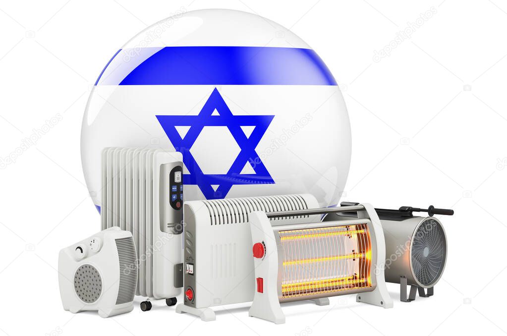 Israeli flag with heating devices. Manufacturing, trading and service of convection, fan, oil-filled, and infrared heaters in Israel. 3D rendering isolated on white background