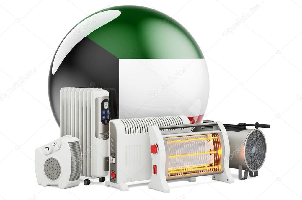 Kuwaiti flag with heating devices. Manufacturing, trading and service of convection, fan, oil-filled, and infrared heaters in Kuwait. 3D rendering isolated on white background