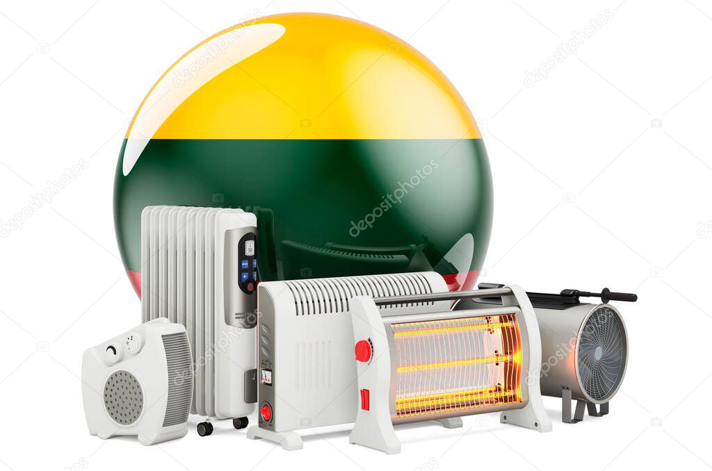 Lithuanian flag with heating devices. Manufacturing, trading and service of convection, fan, oil-filled, and infrared heaters in Lithuania. 3D rendering isolated on white background