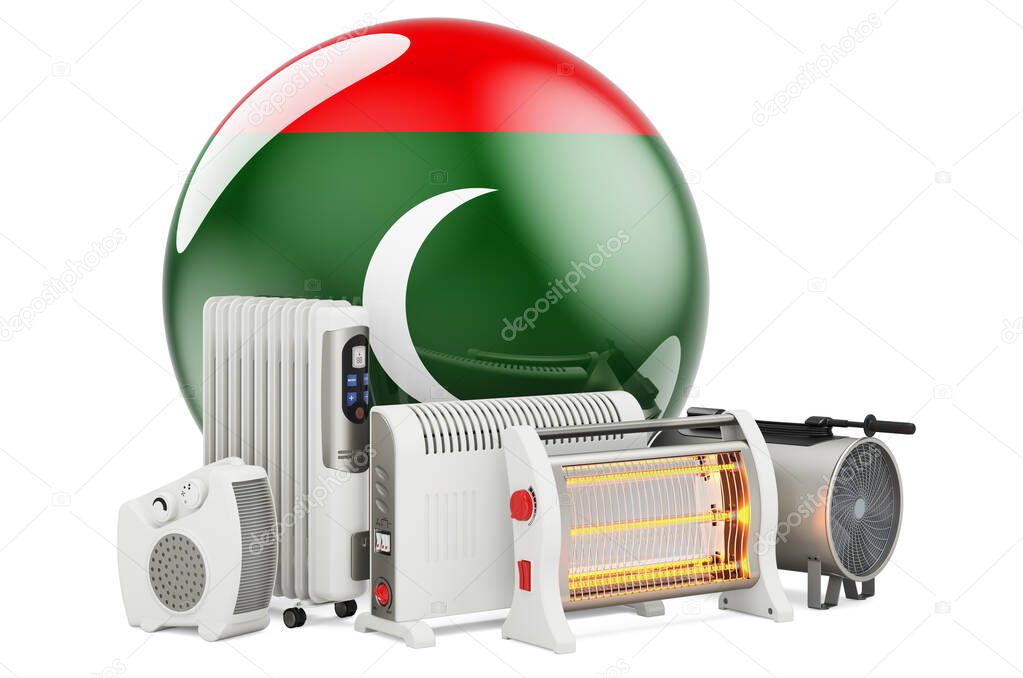 Maldivian flag with heating devices. Manufacturing, trading and service of convection, fan, oil-filled, and infrared heaters in Maldives. 3D rendering isolated on white background