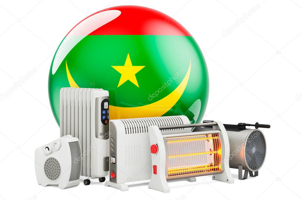 Mauritanian flag with heating devices. Manufacturing, trading and service of convection, fan, oil-filled, and infrared heaters in Mauritania. 3D rendering isolated on white background