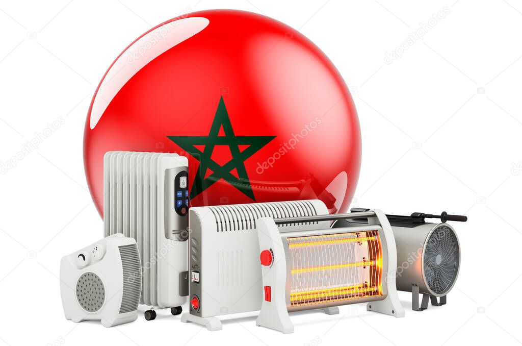 Moroccan flag with heating devices. Manufacturing, trading and service of convection, fan, oil-filled, and infrared heaters in Morocco. 3D rendering isolated on white background