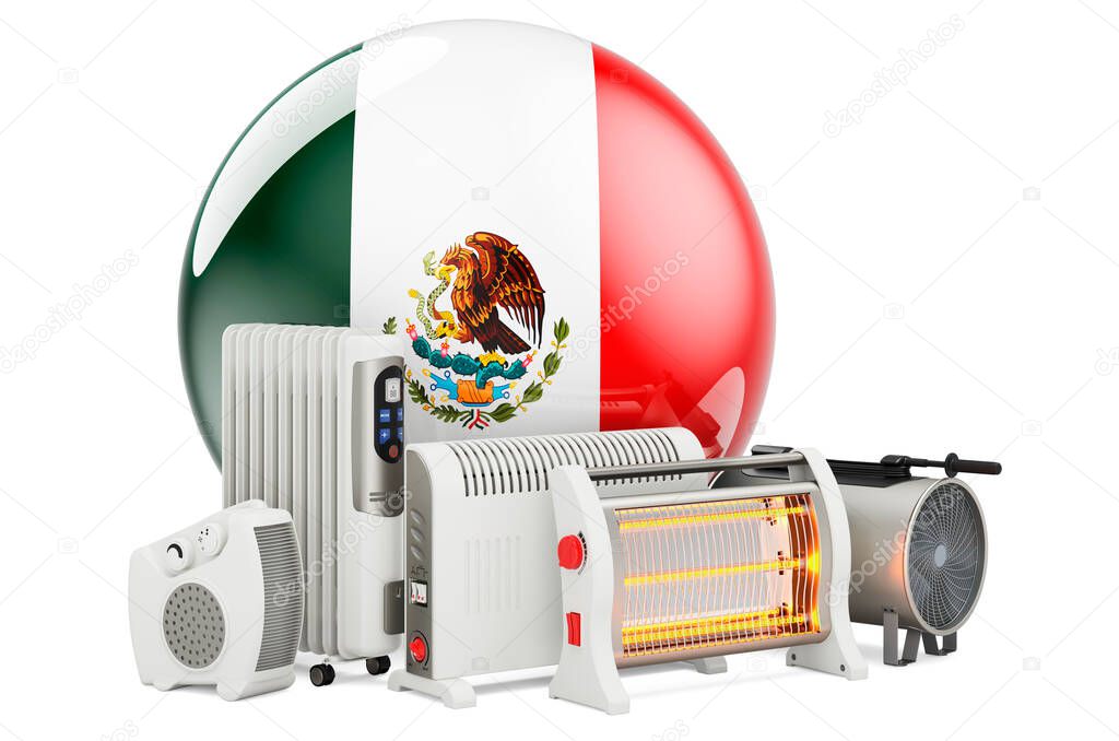 Mexican flag with heating devices. Manufacturing, trading and service of convection, fan, oil-filled, and infrared heaters in Mexico. 3D rendering isolated on white background