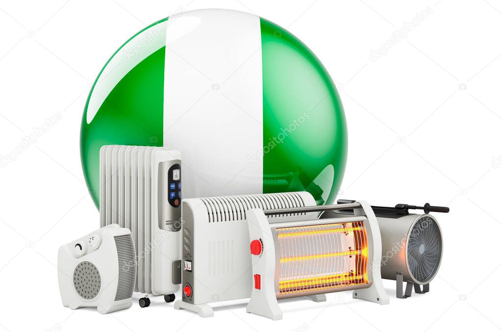 Nigerian flag with heating devices. Manufacturing, trading and service of convection, fan, oil-filled, and infrared heaters in Nigeria. 3D rendering isolated on white background