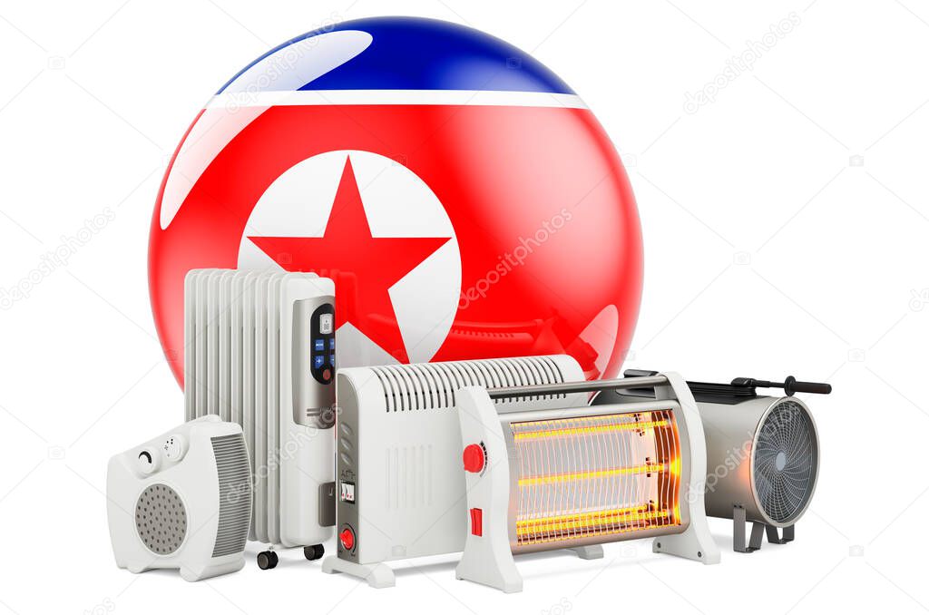 North Korean flag with heating devices. Manufacturing, trading and service of convection, fan, oil-filled, and infrared heaters in North Korea. 3D rendering isolated on white background