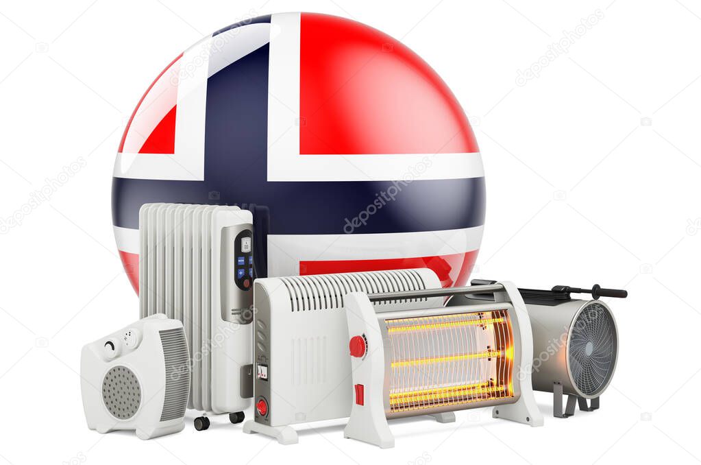 Norwegian flag with heating devices. Manufacturing, trading and service of convection, fan, oil-filled, and infrared heaters in Norway. 3D rendering isolated on white background