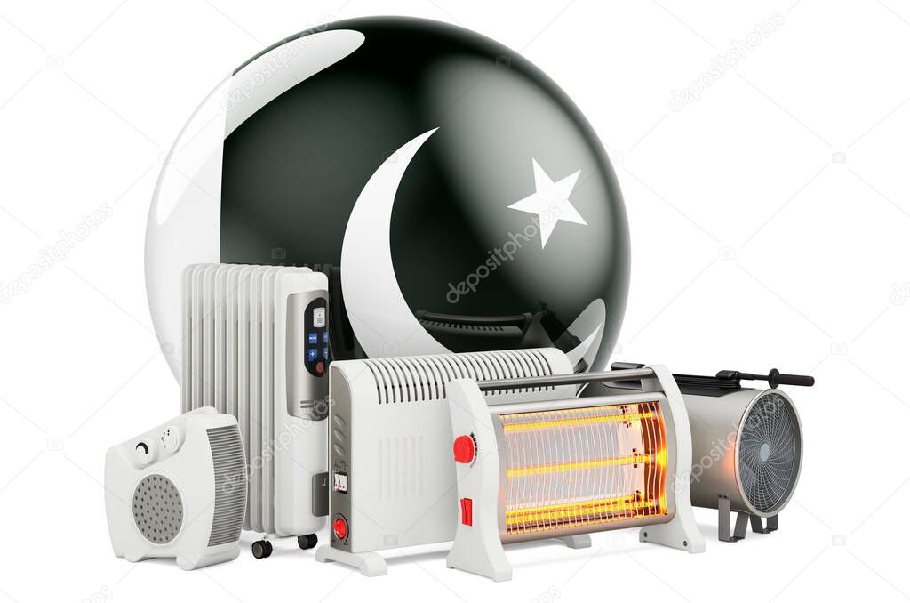 Pakistani flag with heating devices. Manufacturing, trading and service of convection, fan, oil-filled, and infrared heaters in Pakistan. 3D rendering isolated on white background