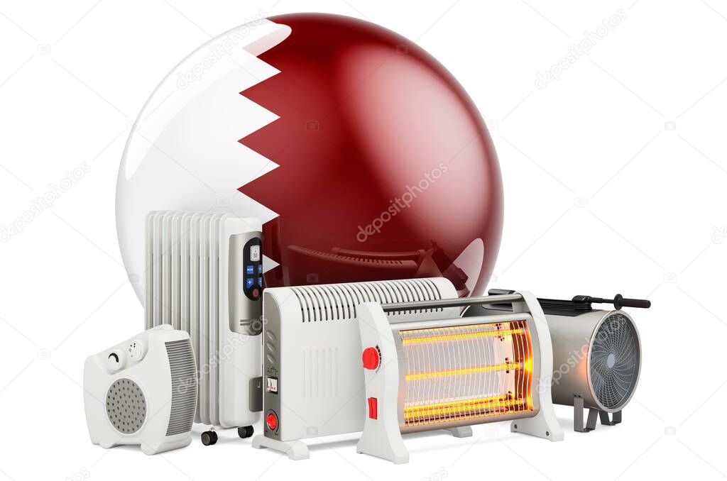 Qatari flag with heating devices. Manufacturing, trading and service of convection, fan, oil-filled, and infrared heaters in Qatar. 3D rendering isolated on white background