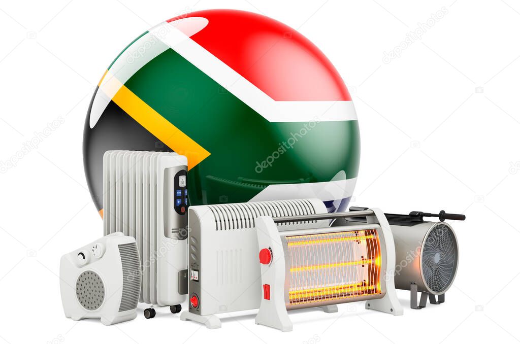 South African flag with heating devices. Manufacturing, trading and service of convection, fan, oil-filled, and infrared heaters in South Africa. 3D rendering isolated on white background