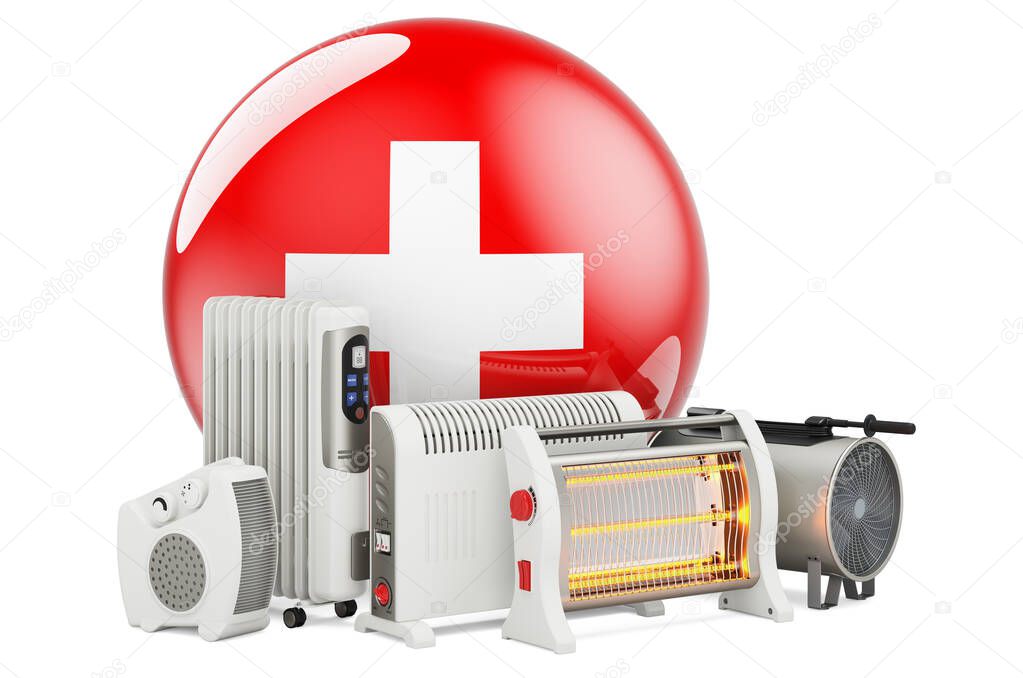 Swiss flag with heating devices. Manufacturing, trading and service of convection, fan, oil-filled, and infrared heaters in Switzerland. 3D rendering isolated on white background