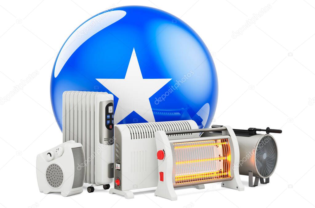 Somali flag with heating devices. Manufacturing, trading and service of convection, fan, oil-filled, and infrared heaters in Somalia. 3D rendering isolated on white background