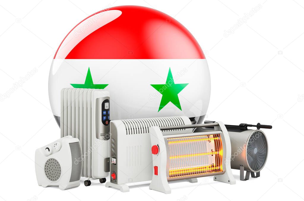 Syrian flag with heating devices. Manufacturing, trading and service of convection, fan, oil-filled, and infrared heaters in Syria. 3D rendering isolated on white background