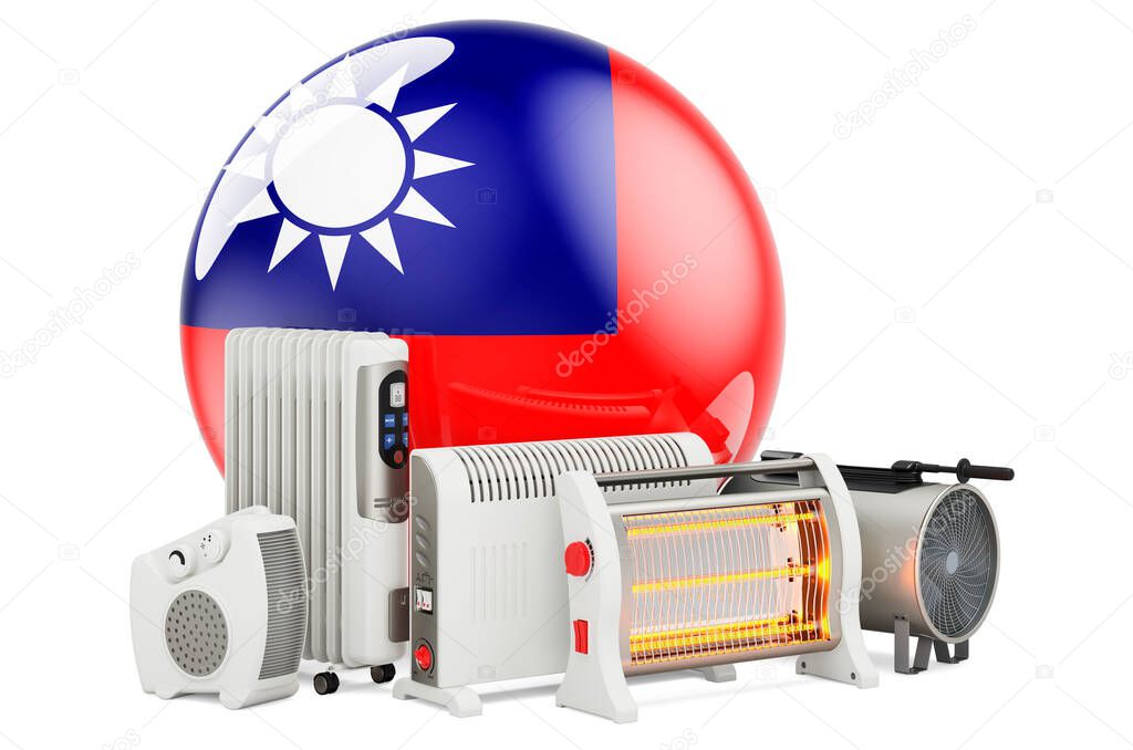 Taiwanese flag with heating devices. Manufacturing, trading and service of convection, fan, oil-filled, and infrared heaters in Taiwan. 3D rendering isolated on white background
