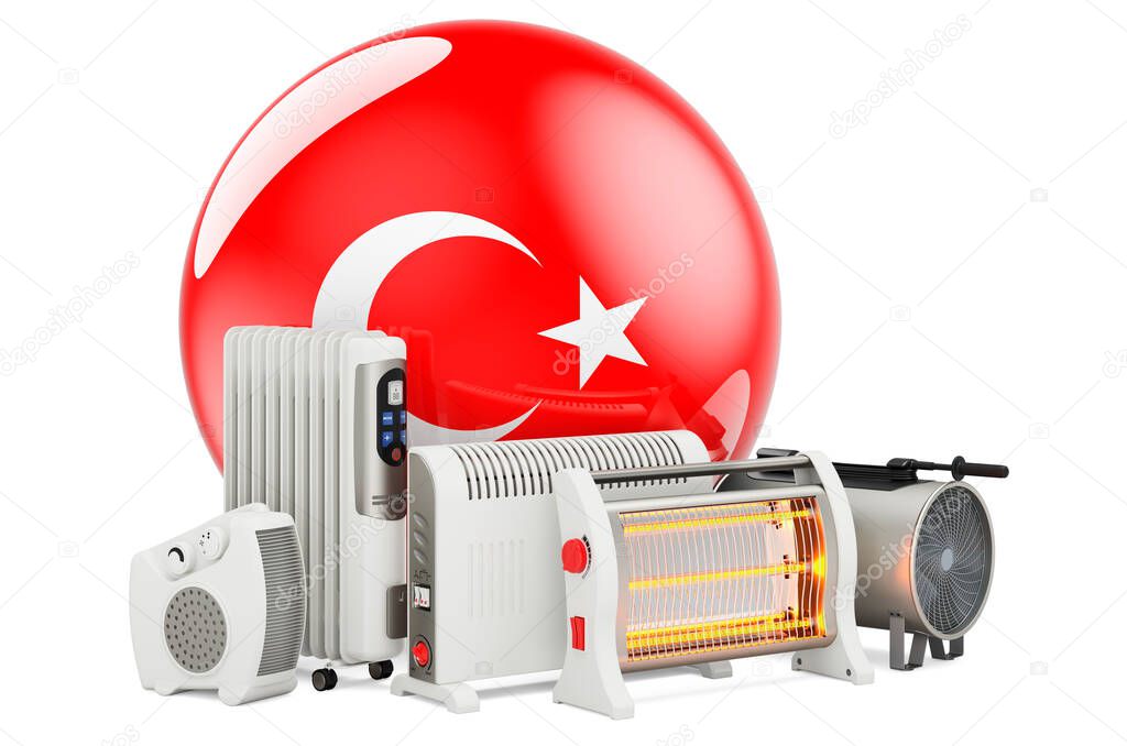 Turkish flag with heating devices. Manufacturing, trading and service of convection, fan, oil-filled, and infrared heaters in Turkey. 3D rendering isolated on white background