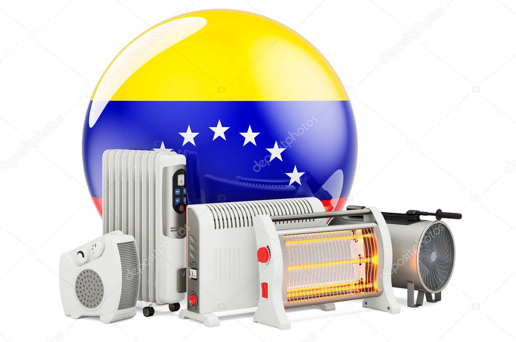 Venezuelan flag with heating devices. Manufacturing, trading and service of convection, fan, oil-filled, and infrared heaters in Venezuela. 3D rendering isolated on white background