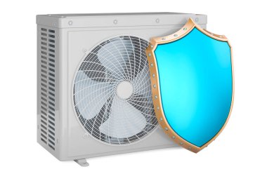 Klima, kalkanlı açık hava kompresör ünitesi, beyaz arka planda 3 boyutlu görüntüleme.