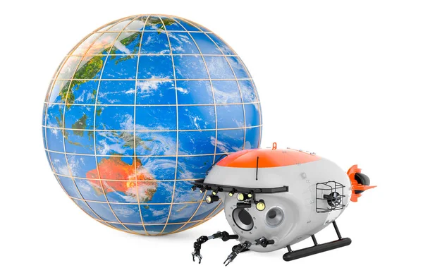 Bathyscaphe Med Jorden Globe Rendering Isolerad Vit Bakgrund — Stockfoto