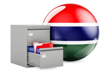 Gambiya 'da veri tabanı, konsept. Gambiya bayrağı olan dosya dolabındaki dizinler, beyaz arkaplanda 3 boyutlu görüntüleme