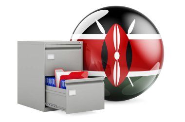 Kenya 'da veri tabanı, konsept. Kenya bayrağı olan dosya dolabındaki dizinler, beyaz arkaplanda 3D görüntüleme
